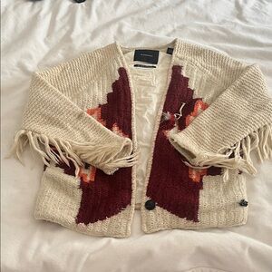 Scotch & Soda Cream and Burgundy Fringed Cardigan